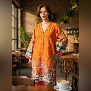 Khaadi Orange Artistic Long Sleeve Kurta from Pakistan. 100% cotton